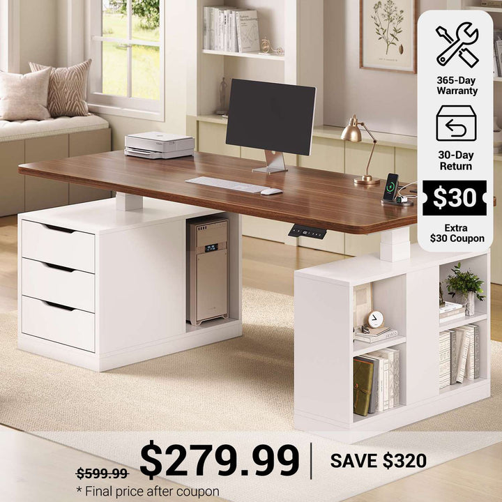 SEDETA® 63 Inch Modern Height Adjustable Computer Desk with 3 Drawers Electric Standing Desk with Storage Shelves Power Outlets Wood Home Office Stand up Desk for Work Study Writing