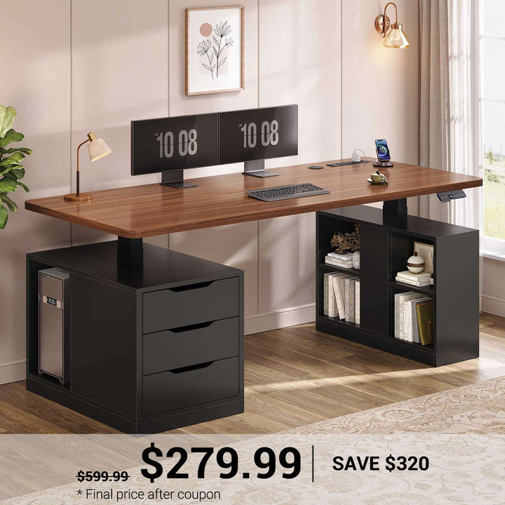 SEDETA | 63 Inch Home Office Stand up Desk with Power Outlets Modern Height Adjustable Computer Desk with 3 Drawers Electric Standing Desk with Storage Shelves for Work Study Writing