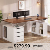 SEDETA | 63 Inch Home Office Stand up Desk with Power Outlets Modern Height Adjustable Computer Desk with 3 Drawers Electric Standing Desk with Storage Shelves for Work Study Writing