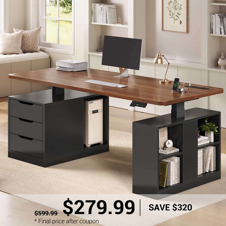 SEDETA | 63 Inch Home Office Stand up Desk with Power Outlets Modern Height Adjustable Computer Desk with 3 Drawers Electric Standing Desk with Storage Shelves for Work Study Writing