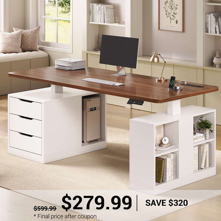 SEDETA | 63 Inch Home Office Stand up Desk with Power Outlets Modern Height Adjustable Computer Desk with 3 Drawers Electric Standing Desk with Storage Shelves for Work Study Writing