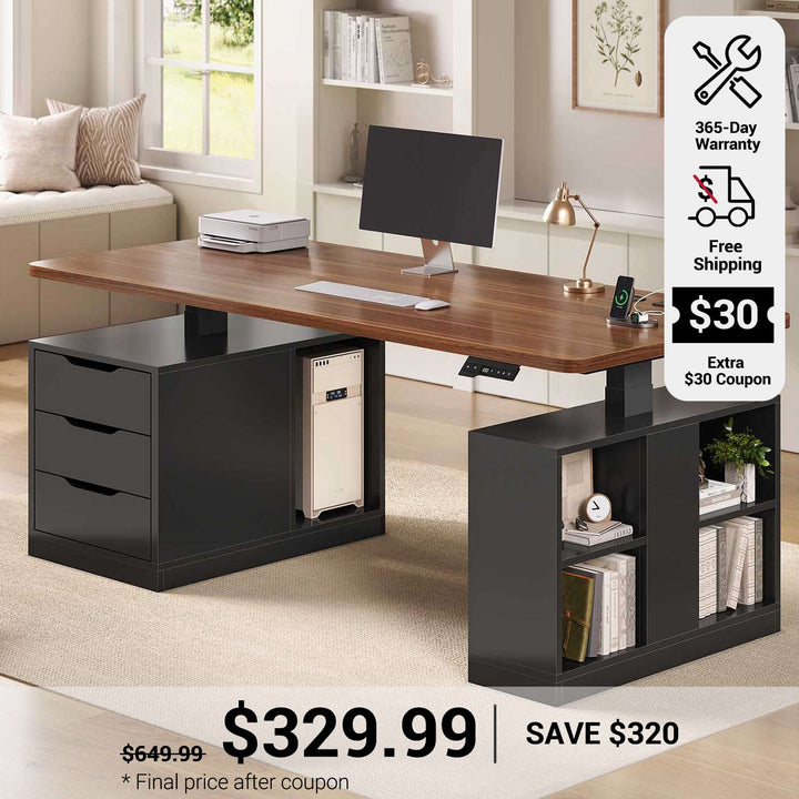 SEDETA 63 Inch Modern Electric Standing Desk Height Adjustable Computer Desk with 3 Drawers Storage Shelves Power Outlets Wood Home Office Stand up Desk for Work Study Writing