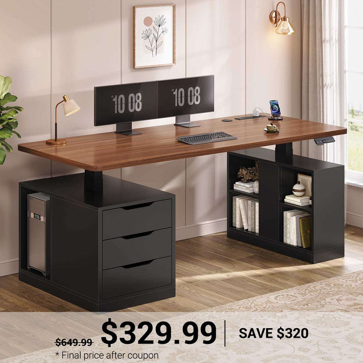 SEDETA 63 Inch Modern Electric Standing Desk Height Adjustable Computer Desk with 3 Drawers Storage Shelves Power Outlets Wood Home Office Stand up Desk for Work Study Writing