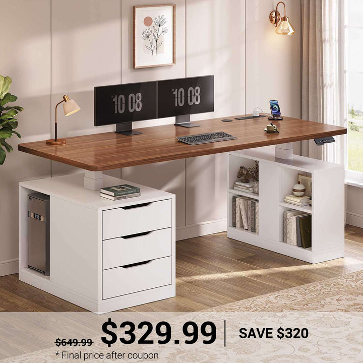 SEDETA 63 Inch Modern Electric Standing Desk Height Adjustable Computer Desk with 3 Drawers Storage Shelves Power Outlets Wood Home Office Stand up Desk for Work Study Writing
