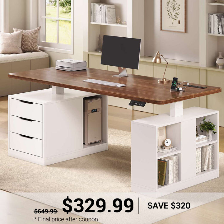 SEDETA 63 Inch Modern Electric Standing Desk Height Adjustable Computer Desk with 3 Drawers Storage Shelves Power Outlets Wood Home Office Stand up Desk for Work Study Writing