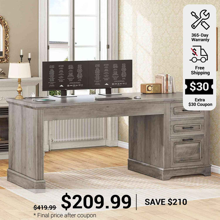 SEDETA 55 Inch Executive Desk Classical American Style Computer Desk with 3 Drawers and Power Outlet