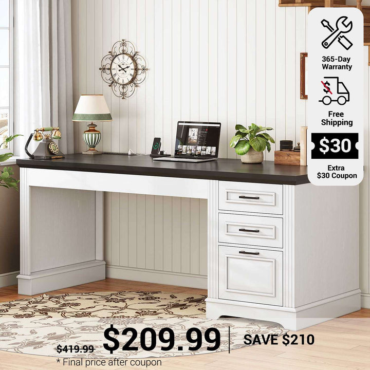 SEDETA 55 Inch Executive Desk Classical American Style Computer Desk with 3 Drawers and Power Outlet