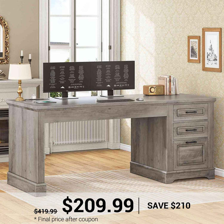 SEDETA 55 Inch Executive Desk Classical American Style Computer Desk with 3 Drawers and Power Outlet