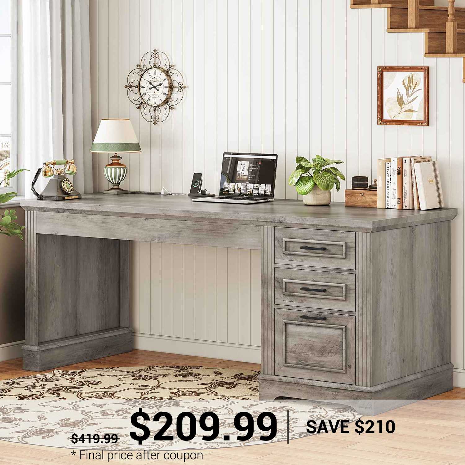 SEDETA 55 Inch Executive Computer Desk with 3 Drawers & Power Outlet,