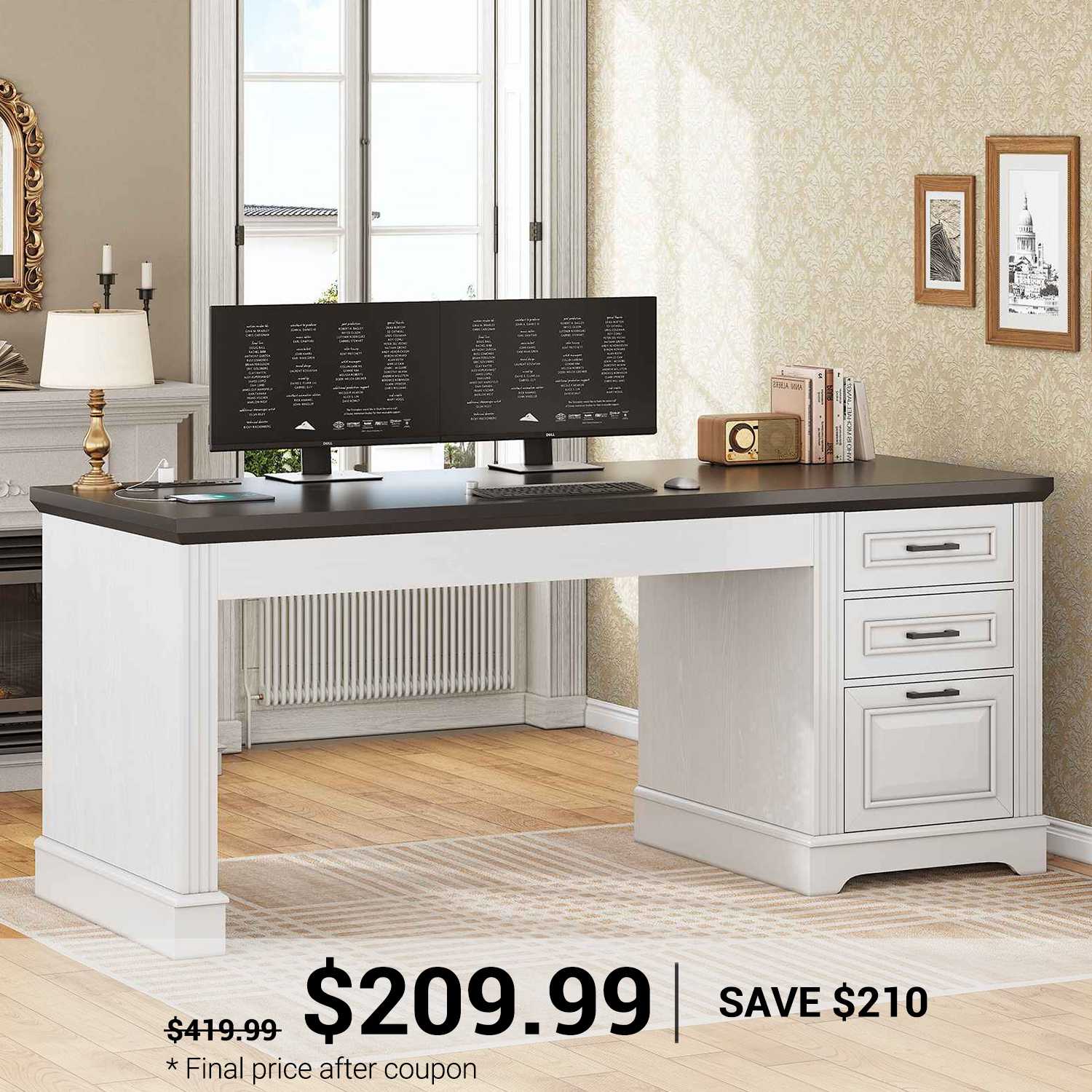 SEDETA 55 Inch Executive Computer Desk with 3 Drawers & Power Outlet,