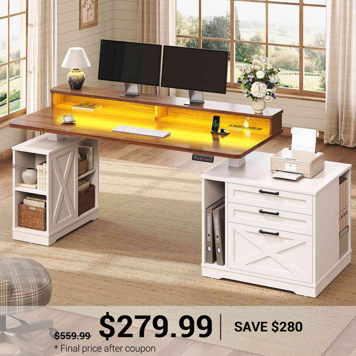 SEDETA® 55 Inch Farmhouse Electric Standing Desk Height Adjustable Wood Computer Desk with Printer Stand 3 Drawers File Cabinet Storage Shelves Power Outlets