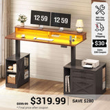 SEDETA 55 Inch Farmhouse Electric Standing Desk Height Adjustable Computer Desk Wood Home Office Desk with Power Outlets 3 Drawers File Cabinet Storage Shelves