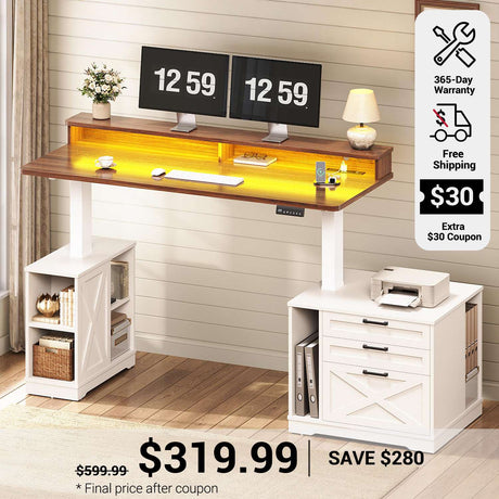 SEDETA 55 Inch Farmhouse Electric Standing Desk Height Adjustable Computer Desk Wood Home Office Desk with Power Outlets 3 Drawers File Cabinet Storage Shelves