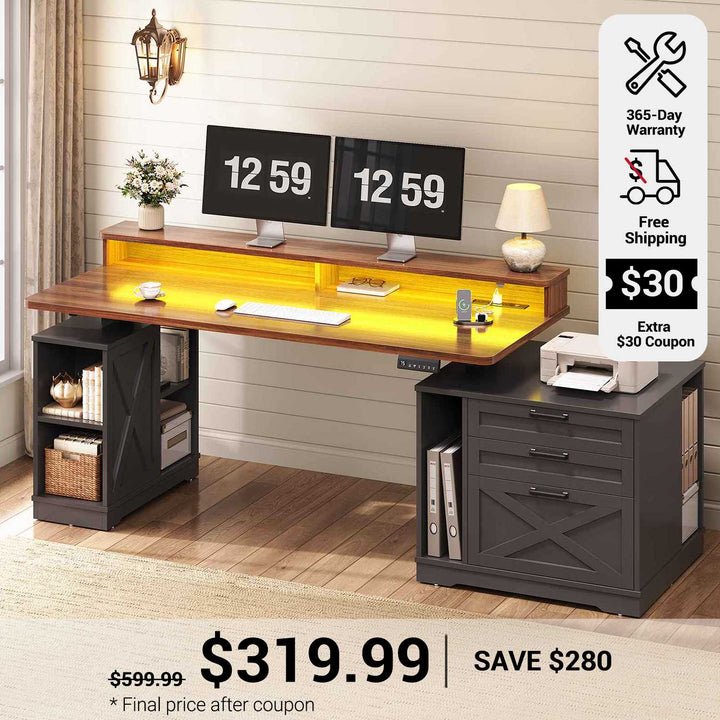 SEDETA 55 Inch Farmhouse Electric Standing Desk Height Adjustable Computer Desk Wood Home Office Desk with Power Outlets 3 Drawers File Cabinet Storage Shelves