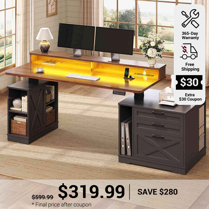 SEDETA 55 Inch Farmhouse Electric Standing Desk Height Adjustable Computer Desk Wood Home Office Desk with Power Outlets 3 Drawers File Cabinet Storage Shelves