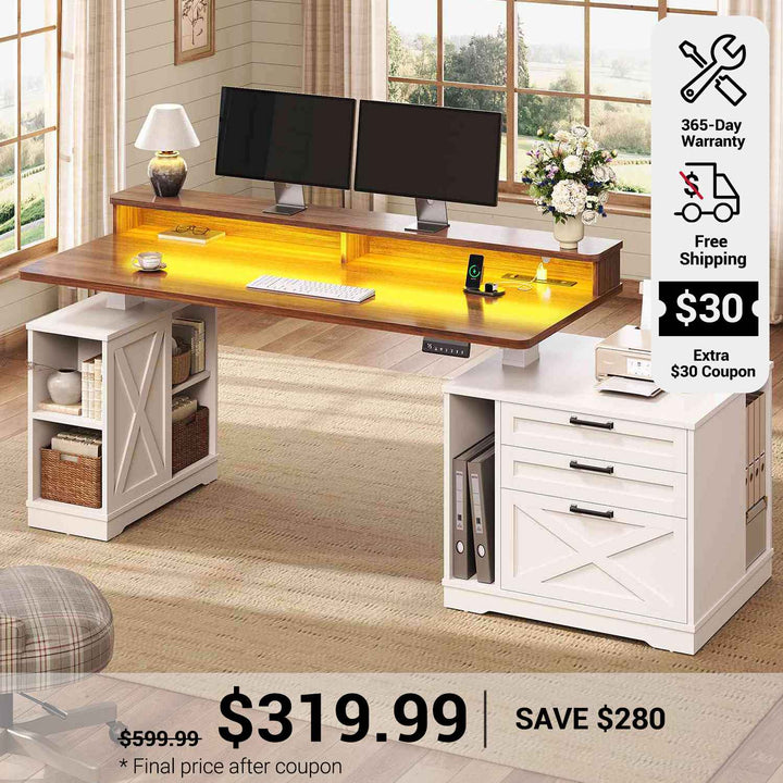 SEDETA 55 Inch Farmhouse Electric Standing Desk Height Adjustable Computer Desk Wood Home Office Desk with Power Outlets 3 Drawers File Cabinet Storage Shelves