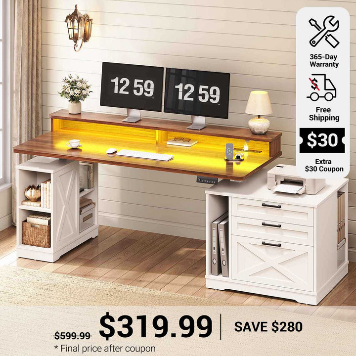 SEDETA 55 Inch Farmhouse Electric Standing Desk Height Adjustable Computer Desk Wood Home Office Desk with Power Outlets 3 Drawers File Cabinet Storage Shelves