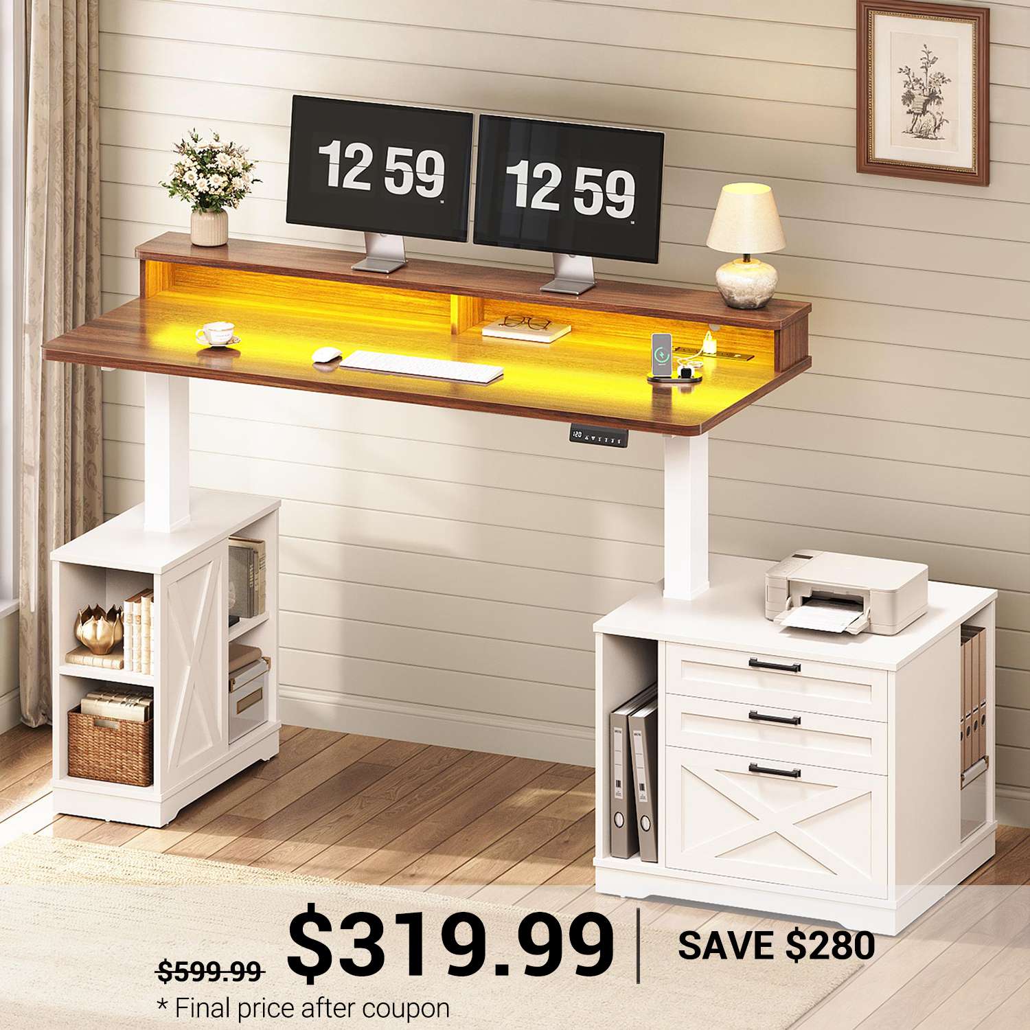 SEDETA 55 Inch Farmhouse Electric Standing Desk Height Adjustable Comp