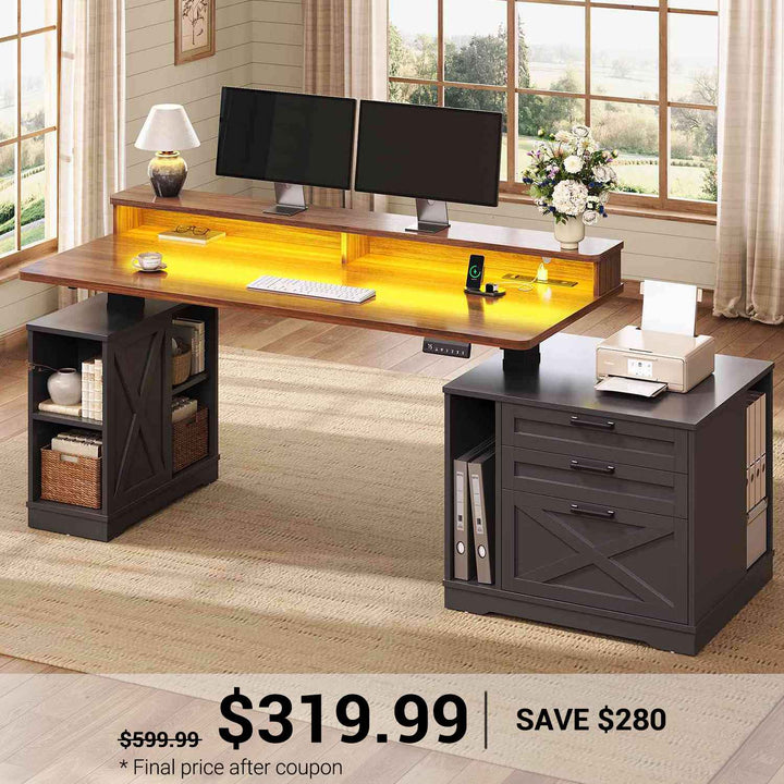 SEDETA 55 Inch Farmhouse Electric Standing Desk Height Adjustable Computer Desk Wood Home Office Desk with Power Outlets 3 Drawers File Cabinet Storage Shelves