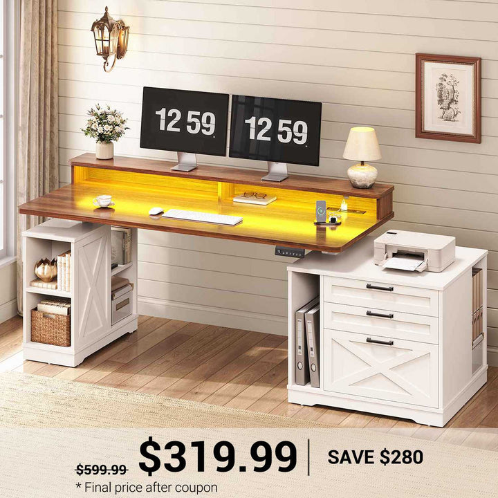 SEDETA 55 Inch Farmhouse Electric Standing Desk Height Adjustable Computer Desk Wood Home Office Desk with Power Outlets 3 Drawers File Cabinet Storage Shelves