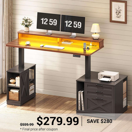SEDETA | 55 Inch Farmhouse Electric Standing Desk Height Adjustable Computer Desk with Power Outlets Printer Stand 3 Drawers File Cabinet Storage Shelves