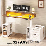 SEDETA | 55 Inch Farmhouse Electric Standing Desk Height Adjustable Computer Desk with Power Outlets Printer Stand 3 Drawers File Cabinet Storage Shelves