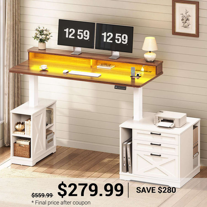 SEDETA® 55 Inch Farmhouse Electric Standing Desk Height Adjustable Wood Computer Desk with Printer Stand 3 Drawers File Cabinet Storage Shelves Power Outlets
