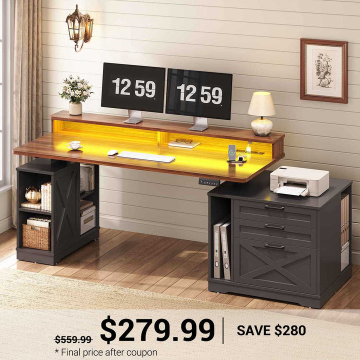 SEDETA® 55 Inch Farmhouse Electric Standing Desk Height Adjustable Wood Computer Desk with Printer Stand 3 Drawers File Cabinet Storage Shelves Power Outlets