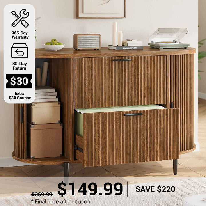 SEDETA® 39.4 Inch Home Office File Cabinet Curved Sliding Cabinet Modern Light Luxury Design Fluted Filing Cabinets and 2 Drawers