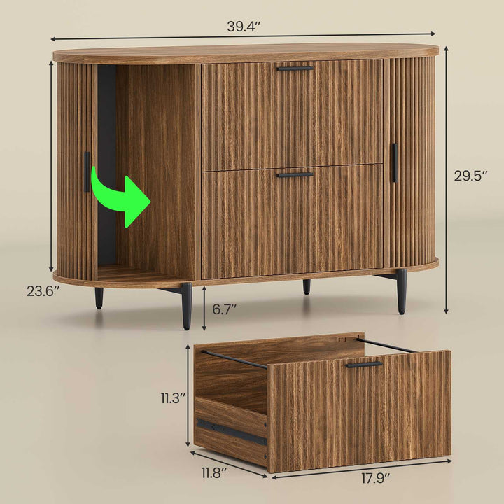 SEDETA® 39.4 Inch Home Office File Cabinet Curved Sliding Cabinet Modern Light Luxury Design Fluted Filing Cabinets and 2 Drawers