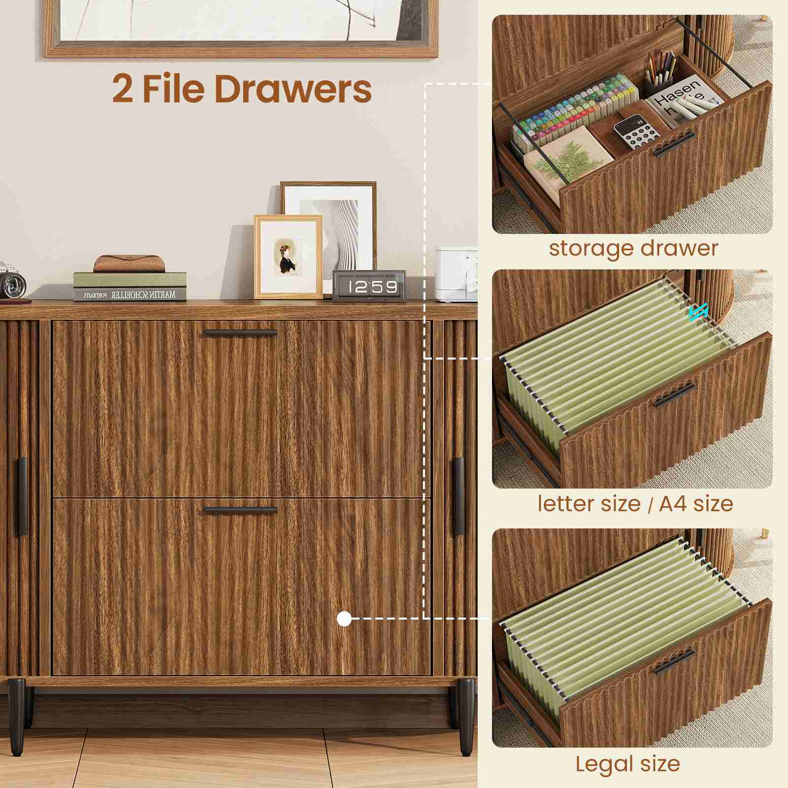 Four Inch Files SEDETA 39.4 Inch File Cabinet for Home Office Modern Fluted Curved Cab