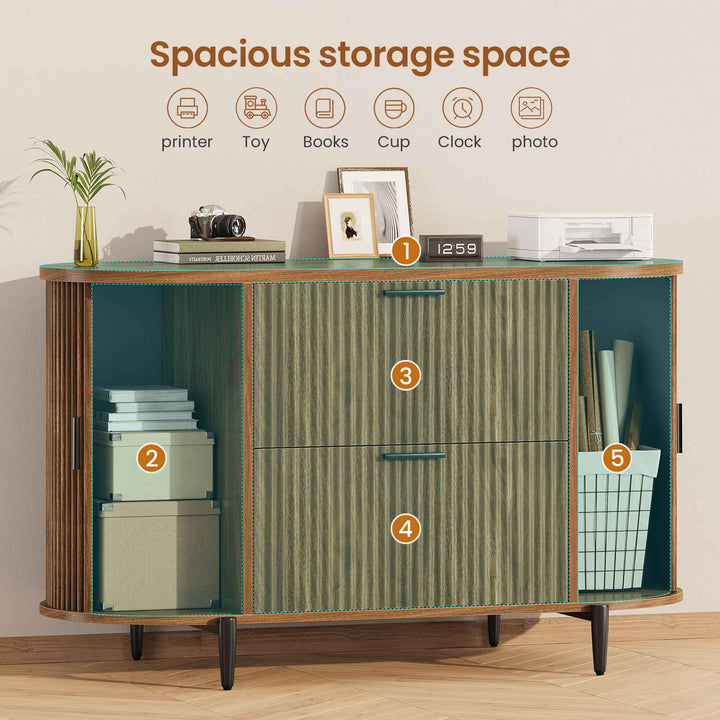 SEDETA® 39.4 Inch Home Office File Cabinet Curved Sliding Cabinet Modern Light Luxury Design Fluted Filing Cabinets and 2 Drawers