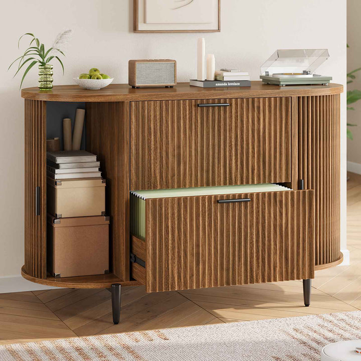 SEDETA® 39.4 Inch Home Office File Cabinet Curved Sliding Cabinet Modern Light Luxury Design Fluted Filing Cabinets and 2 Drawers