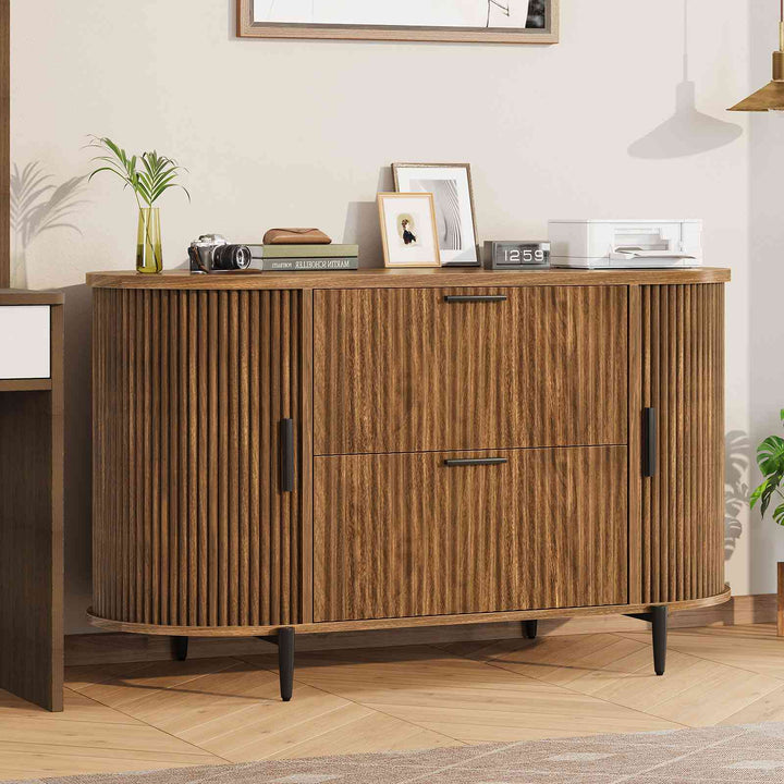 SEDETA® 39.4 Inch Home Office File Cabinet Curved Sliding Cabinet Modern Light Luxury Design Fluted Filing Cabinets and 2 Drawers
