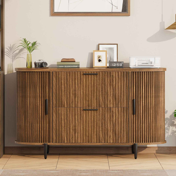 SEDETA® 39.4 Inch Home Office File Cabinet Curved Sliding Cabinet Modern Light Luxury Design Fluted Filing Cabinets and 2 Drawers