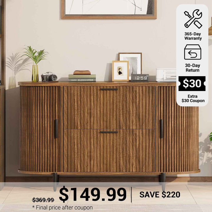 SEDETA® 39.4 Inch Home Office File Cabinet Curved Sliding Cabinet Modern Light Luxury Design Fluted Filing Cabinets and 2 Drawers