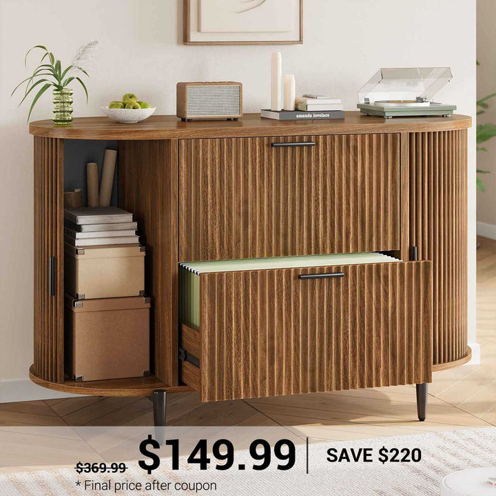 SEDETA® 39.4 Inch Home Office File Cabinet Curved Sliding Cabinet Modern Light Luxury Design Fluted Filing Cabinets and 2 Drawers