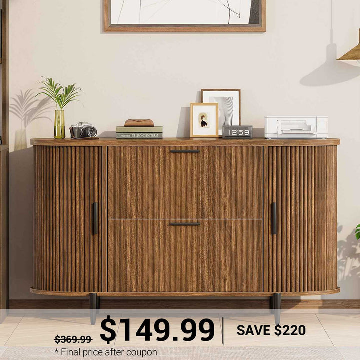 SEDETA® 39.4 Inch Home Office File Cabinet Curved Sliding Cabinet Modern Light Luxury Design Fluted Filing Cabinets and 2 Drawers