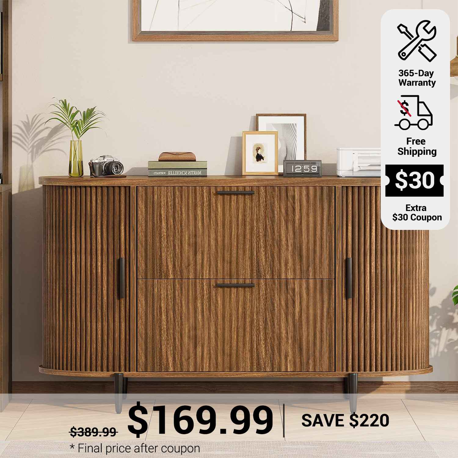 Four Inch Files SEDETA 39.4 Inch File Cabinet for Home Office Modern Fluted Curved Cab