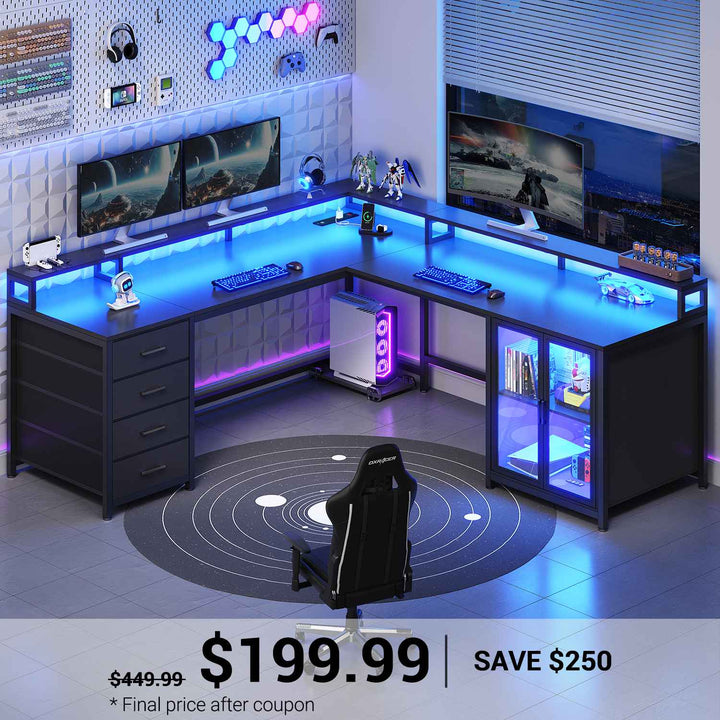 SEDETA 109 Inch L Shaped Gaming Desk with 4 Drawers Display Cabinet Computer Desks with 2 Monitor Stands CPU Stand LED Lights and Power Outlet