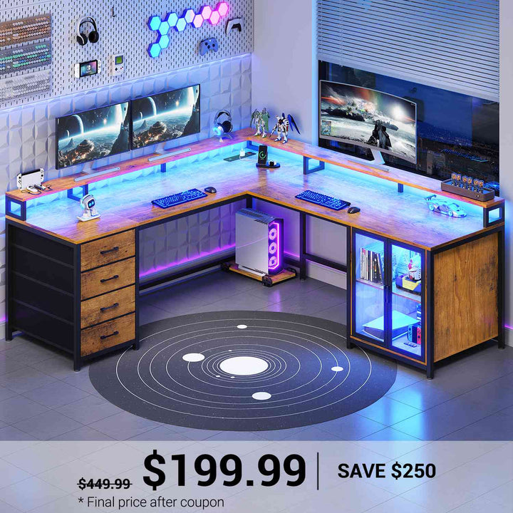 SEDETA 109 Inch L Shaped Gaming Desk with 4 Drawers Display Cabinet Computer Desks with 2 Monitor Stands CPU Stand LED Lights and Power Outlet