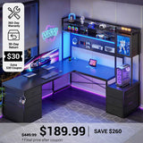 SEDETA® 67 Inch Reversible Computer Desk with Drawers Storage Shelves L Shaped Gaming Two Person Desk with Led Lights Power Outlet