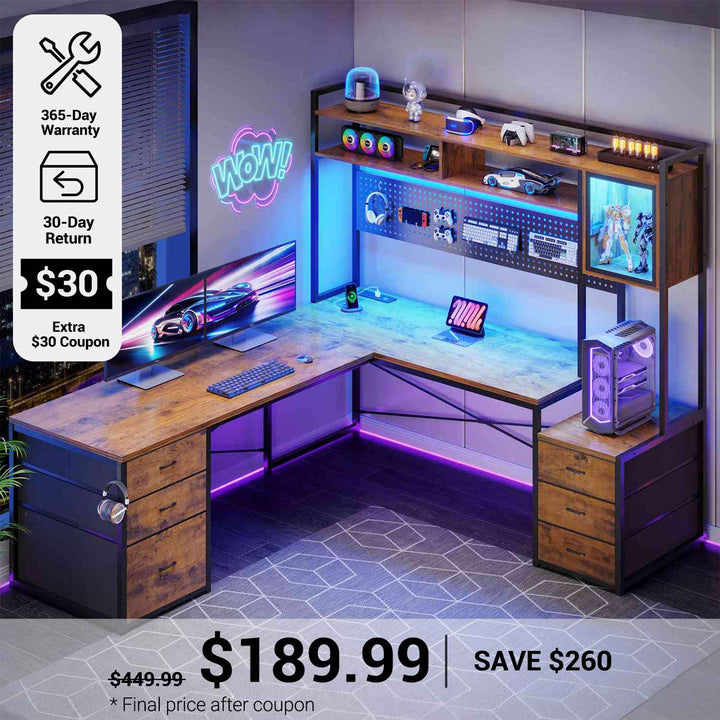 SEDETA® 67 Inch Reversible Computer Desk with Drawers Storage Shelves L Shaped Gaming Two Person Desk with Led Lights Power Outlet