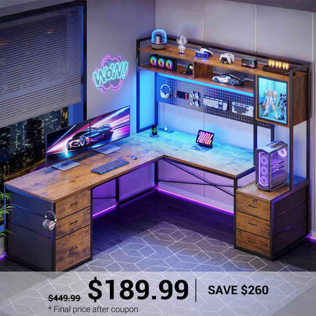 SEDETA | 67 Inch Reversible L Shaped Gaming Desk with Led Lights Power Outlet Computer Corner Desk with Drawers Storage Shelves