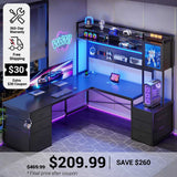 SEDETA L Shaped LED Gaming Desk with Drawers Reversible Computer Two Person Desk with File Drawer Storage Shelves Hutch Power Outlet