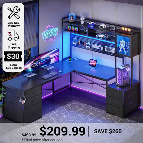 SEDETA L Shaped LED Gaming Desk with Drawers Reversible Computer Two Person Desk with File Drawer Storage Shelves Hutch Power Outlet