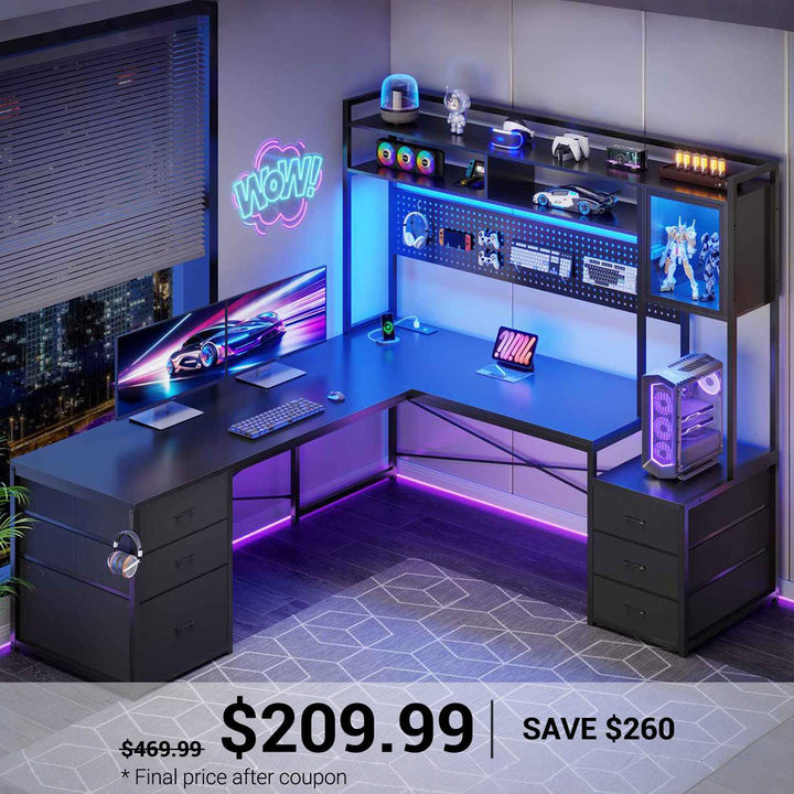 SEDETA L Shaped LED Gaming Desk with Drawers Reversible Computer Two Person Desk with File Drawer Storage Shelves Hutch Power Outlet