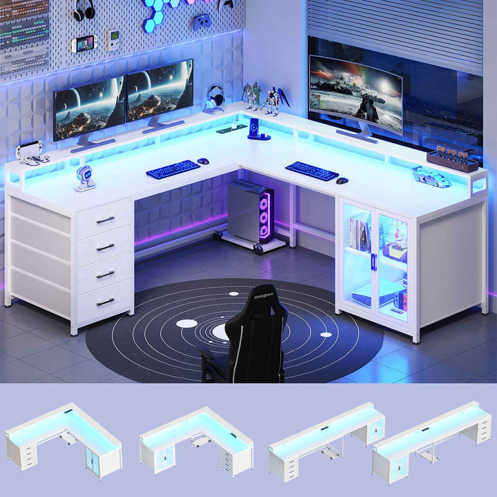 SEDETA 109 Inch L Shaped Gaming Desk with 4 Drawers Display Cabinet Computer Desks with 2 Monitor Stands CPU Stand LED Lights and Power Outlet