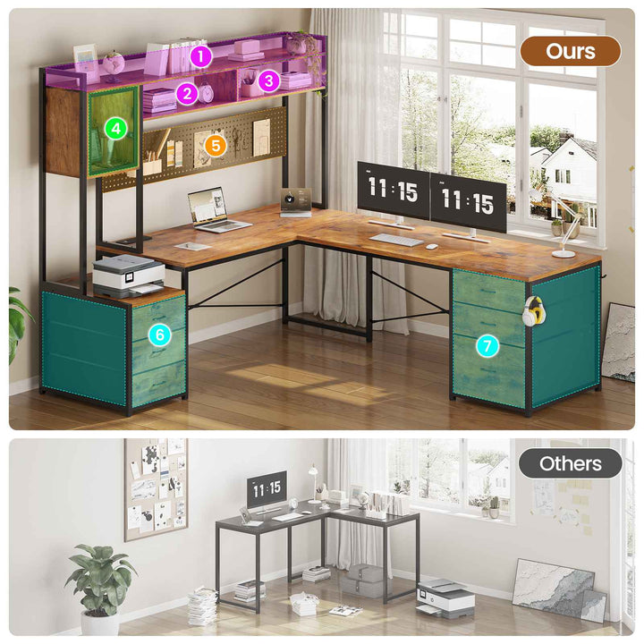 SEDETA | 67 Inch Reversible L Shaped Gaming Desk with Led Lights Power Outlet Computer Corner Desk with Drawers Storage Shelves