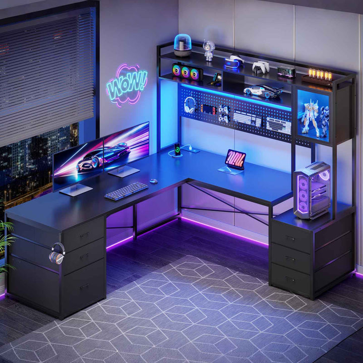 SEDETA | 67 Inch Reversible L Shaped Gaming Desk with Led Lights Power Outlet Computer Corner Desk with Drawers Storage Shelves
